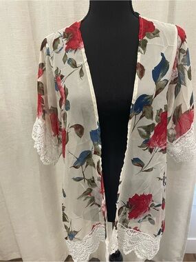 Boho Look*** Floral Lace Trim Sheer Kimono - Red & Blue Floral
